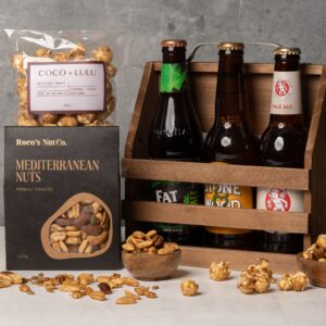Wooden Beer Caddy with Snacks A7401562-Edit Wooden Beer Caddy with Snacks